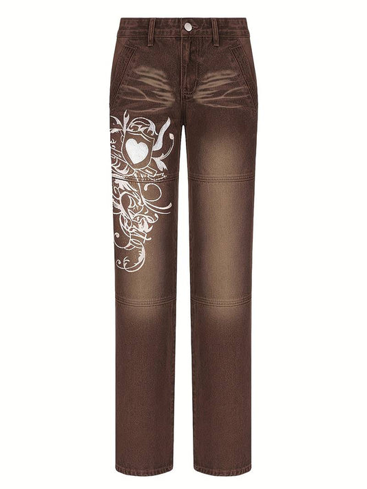 White Floral Print High Waist Baggy Fit Jeans for Women