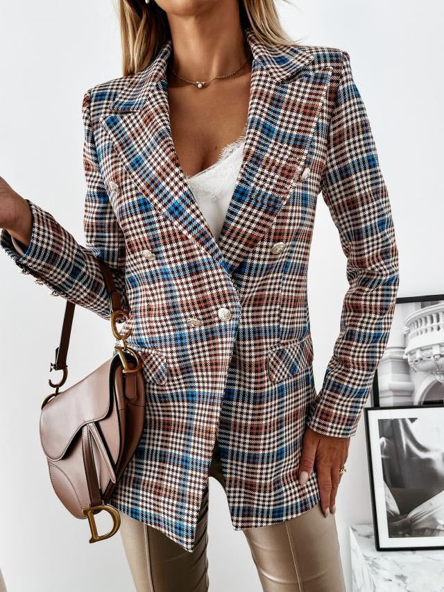 Plaid Jacket with Lapel and Long Sleeve Buttons