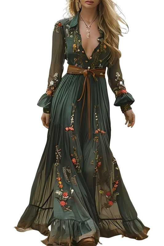 EEMEII Womens Long Sleeve Boho Dress 2024 Spring Cotton Maxi Dress Wedding Guest Casual Long Dress Fall Dress Elegant Dress Green