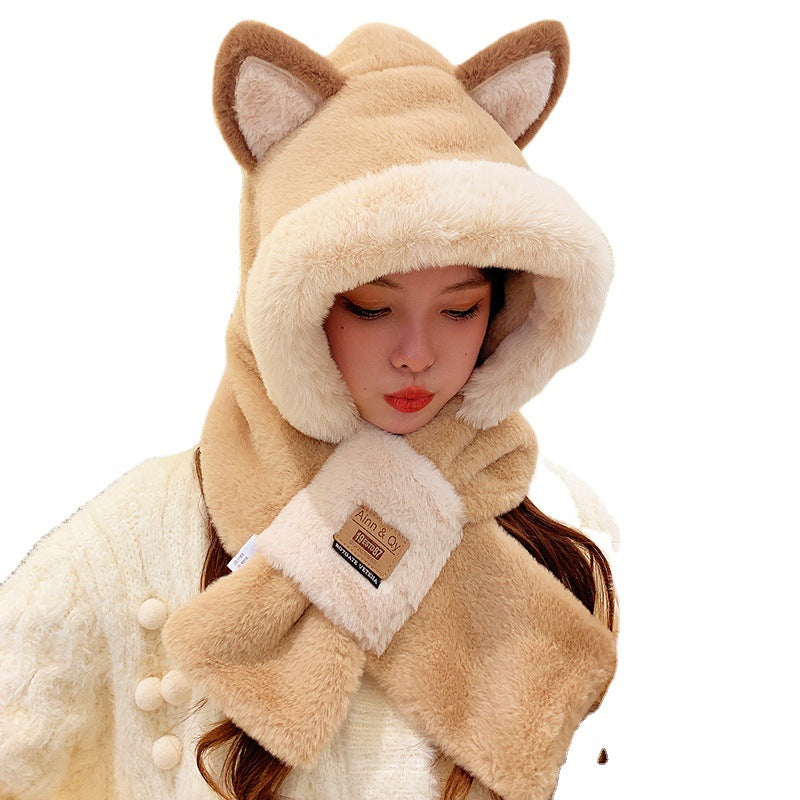 Women's Winter Plush Hat Scarf Set with Bear Mask
