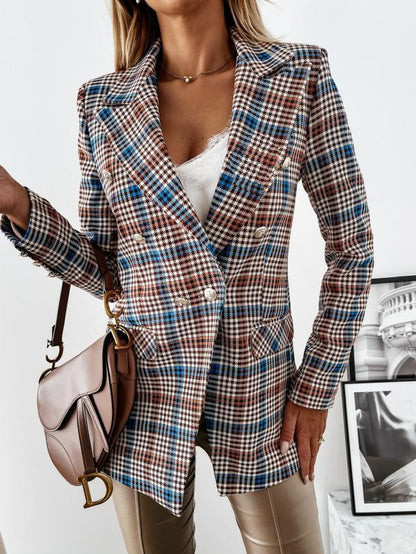 Plaid Jacket with Lapel and Long Sleeve Buttons