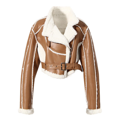 2023 Women's Biker Style Short Jacket with Fur Lining