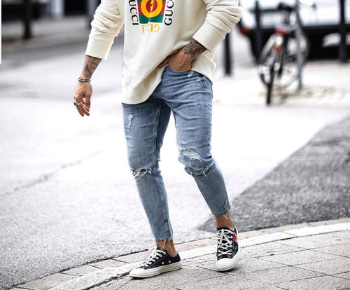 Men's Ripped Slim Fit Cropped Jeans