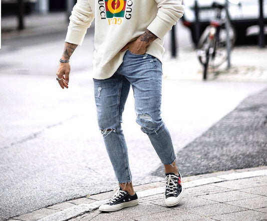 Men's Ripped Slim Fit Cropped Jeans