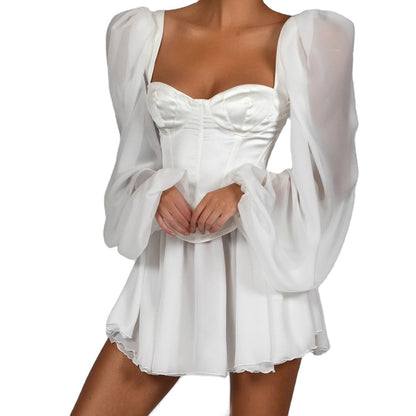 Chiffon Dress, Bodycon Dress, Lantern Sleeve Dress, White Dress