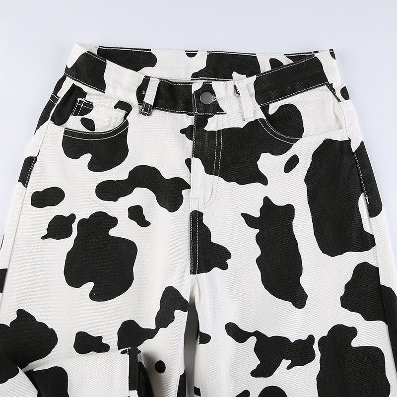 Cow Print High-Waisted Straight Leg Jeans