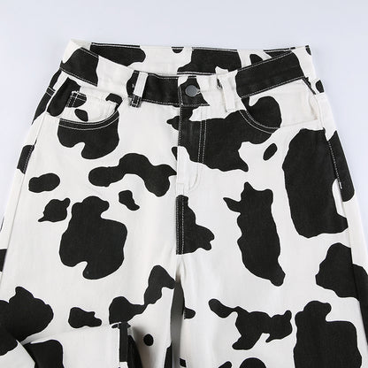 Cow Print High-Waisted Straight Leg Jeans