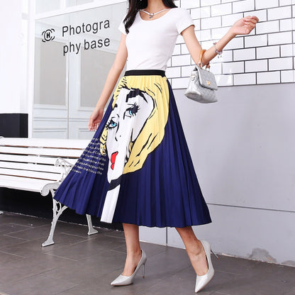 Mid-Length Printed Pleated Skirt with Elastic Waist