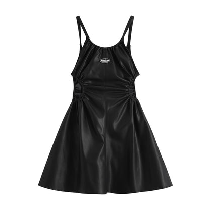 Summer Dark Style PU Leather Halter Dress with Cutouts
