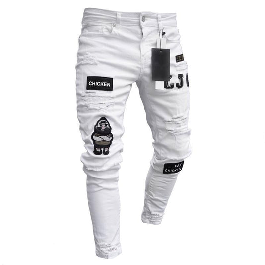 Men's Skinny Ripped Denim Pants with Patch Details