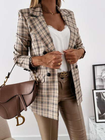 Plaid Jacket with Lapel and Long Sleeve Buttons