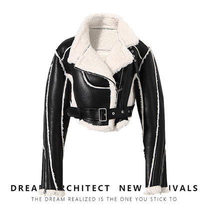 2023 Women's Biker Style Short Jacket with Fur Lining