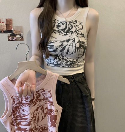 Cartoon Cat Printed V-neck Camisole Summer Top