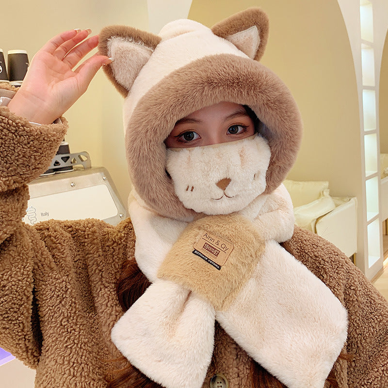 Women's Winter Plush Hat Scarf Set with Bear Mask