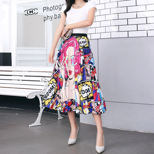 Mid-Length Printed Pleated Skirt with Elastic Waist