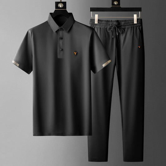 Black Summer Men's Quick-Drying Polo and Trousers Set