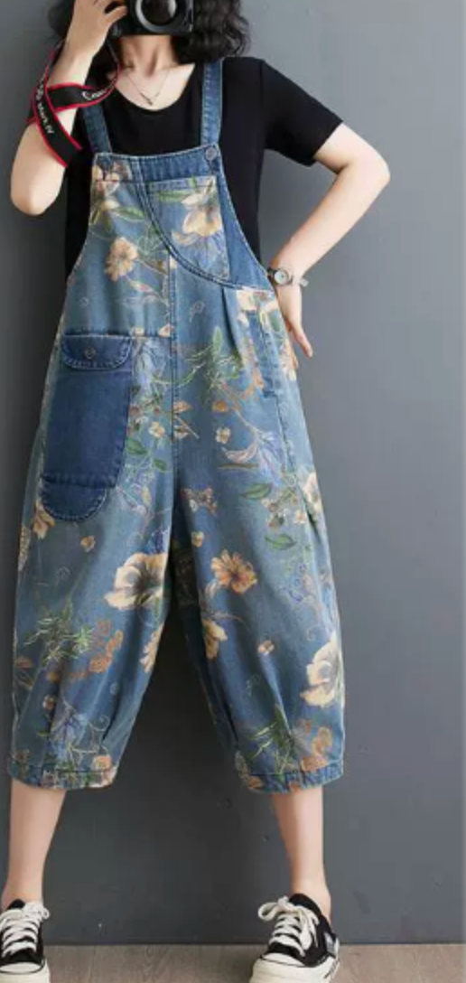 Women's Printed Denim Stitching Suspenders Outfit