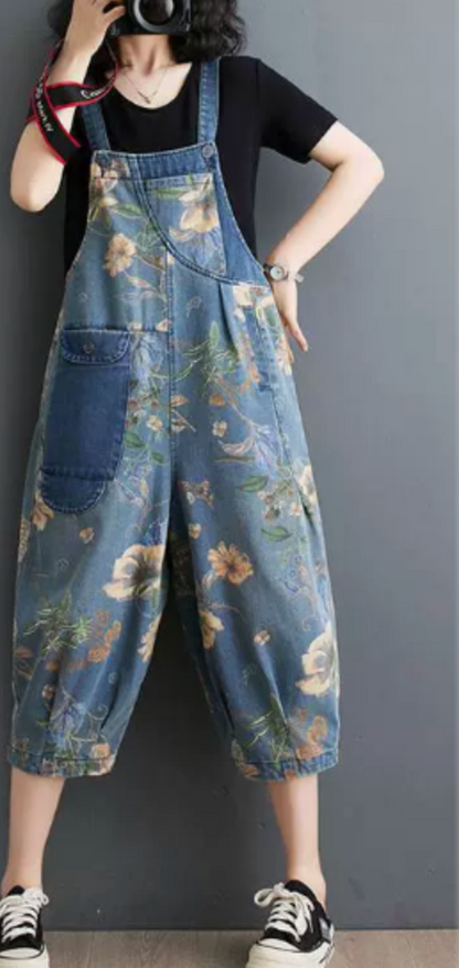 Women's Printed Denim Stitching Suspenders Outfit