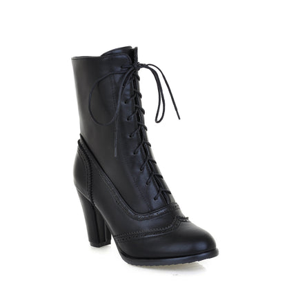 Plus Size Women's Lace Up High Heel Short Boots 40-43