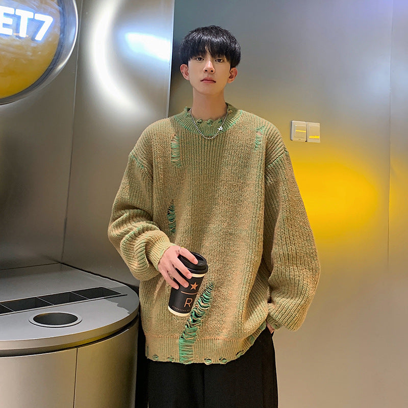 Loose Fit Ripped Round Neck Sweater for Men