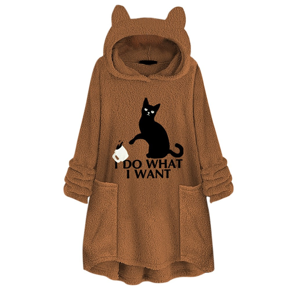 Long Sleeve Cat Print Hoodie with Irregular Hem