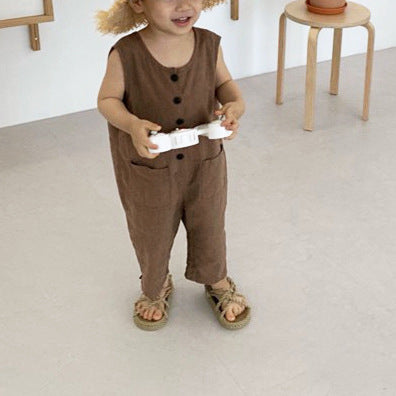 Korean Style Boys' Summer Cute Button Jumpsuit Pants