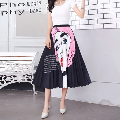 Mid-Length Printed Pleated Skirt with Elastic Waist