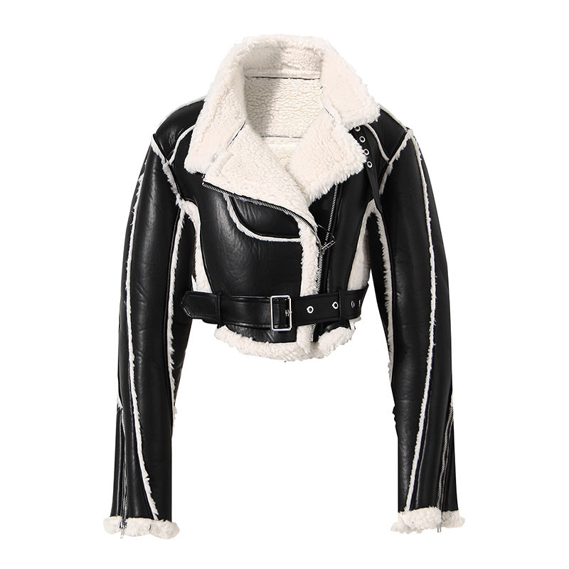 2023 Women's Biker Style Short Jacket with Fur Lining