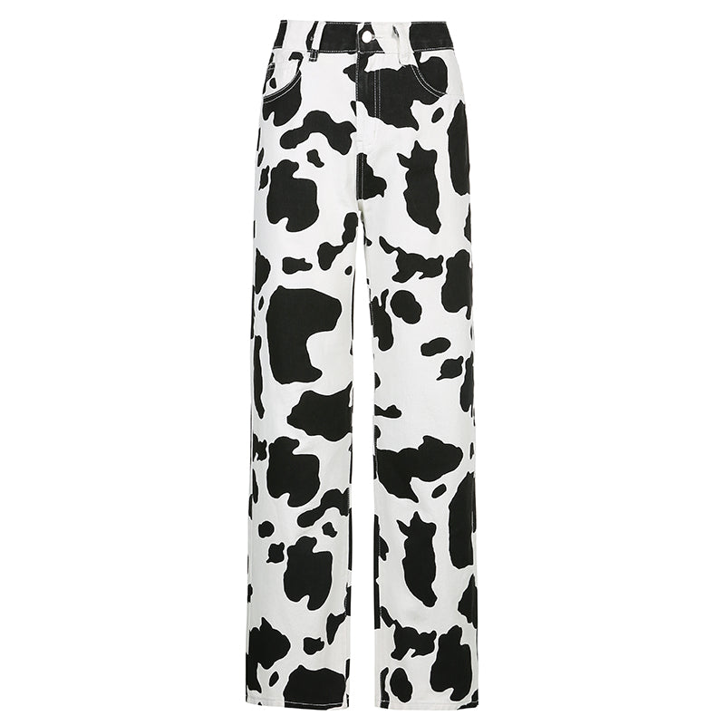 Cow Print High-Waisted Straight Leg Jeans