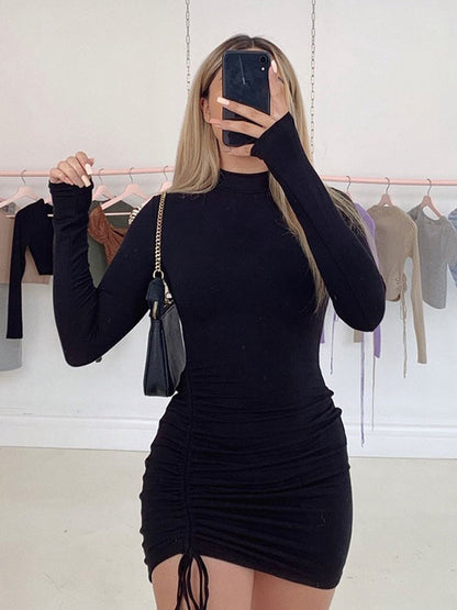 Black Turtleneck Ruched Bodycon Mini Dress for Women