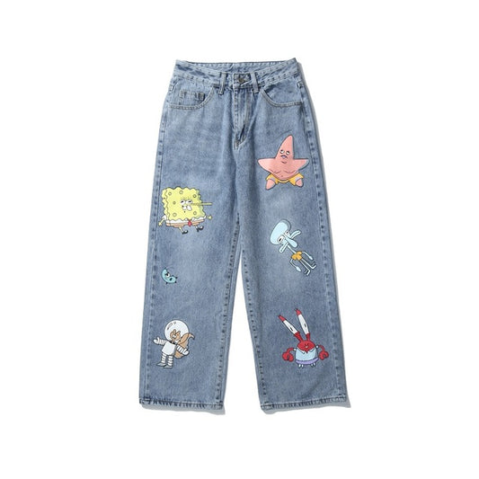 SpongeBob SquarePants Cartoon Style Loose Hip-Hop Jeans