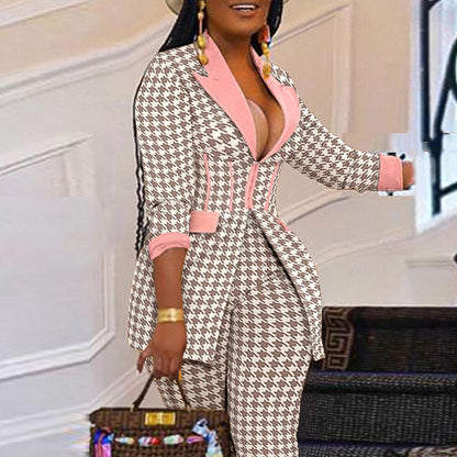 Plus Size Houndstooth Blazer and Pants Set for Women