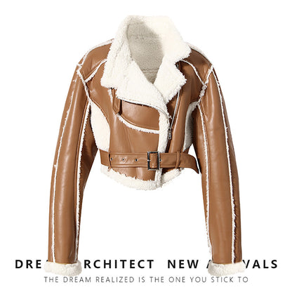 2023 Women's Biker Style Short Jacket with Fur Lining