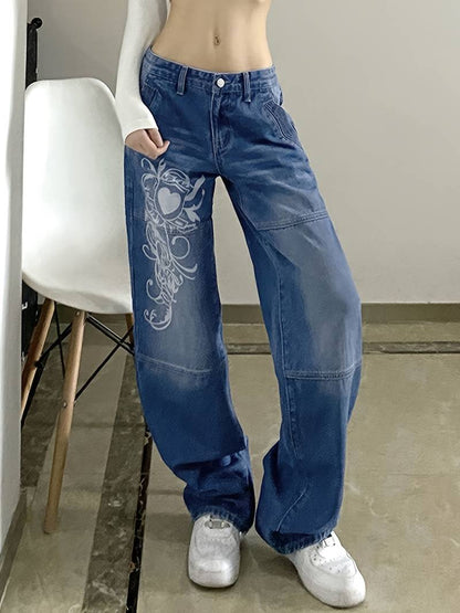 White Floral Print High Waist Baggy Fit Jeans for Women