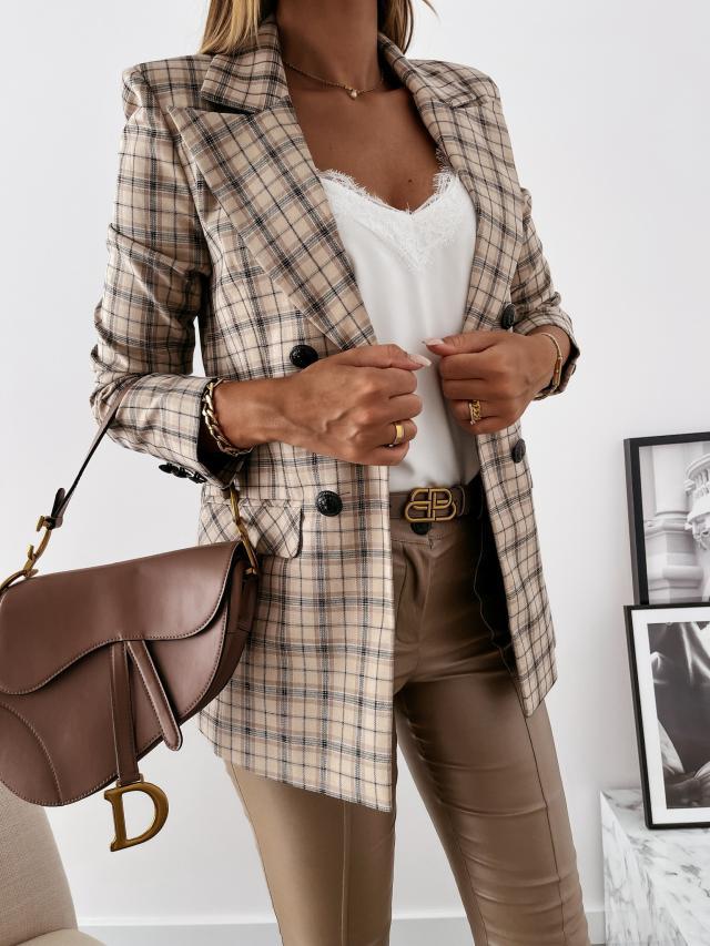 Plaid Jacket with Lapel and Long Sleeve Buttons