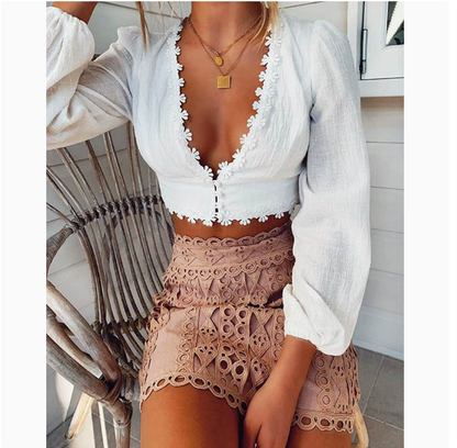 Deep V Women's Long Sleeve Top with Floral Lace Trim