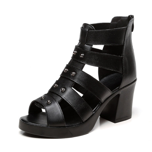 Summer New Hollow Chunky Heel Roman Peep Toe Sandals