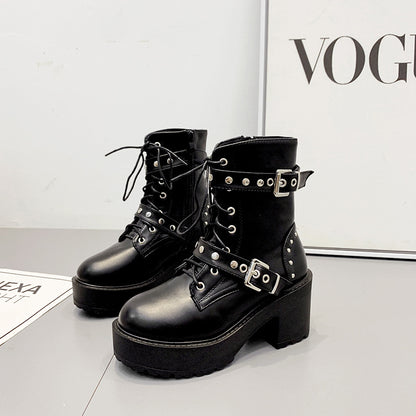 Rivet Belt Buckle Lace-Up Chunky Heel Waterproof Boots