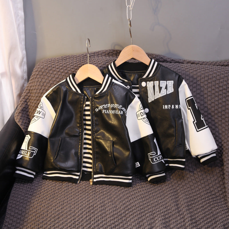 Baby Boys Letter Print Baseball Jacket with Stripes