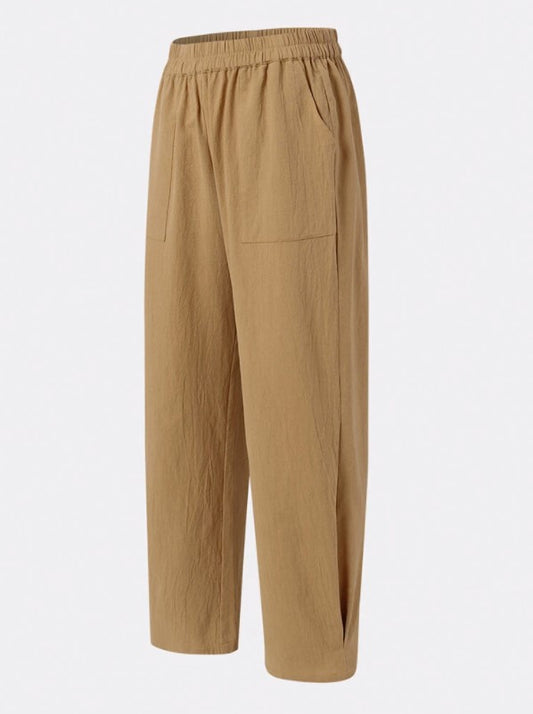 Pocket Elastic Waist Cotton Linen Casual Wide-leg Trousers