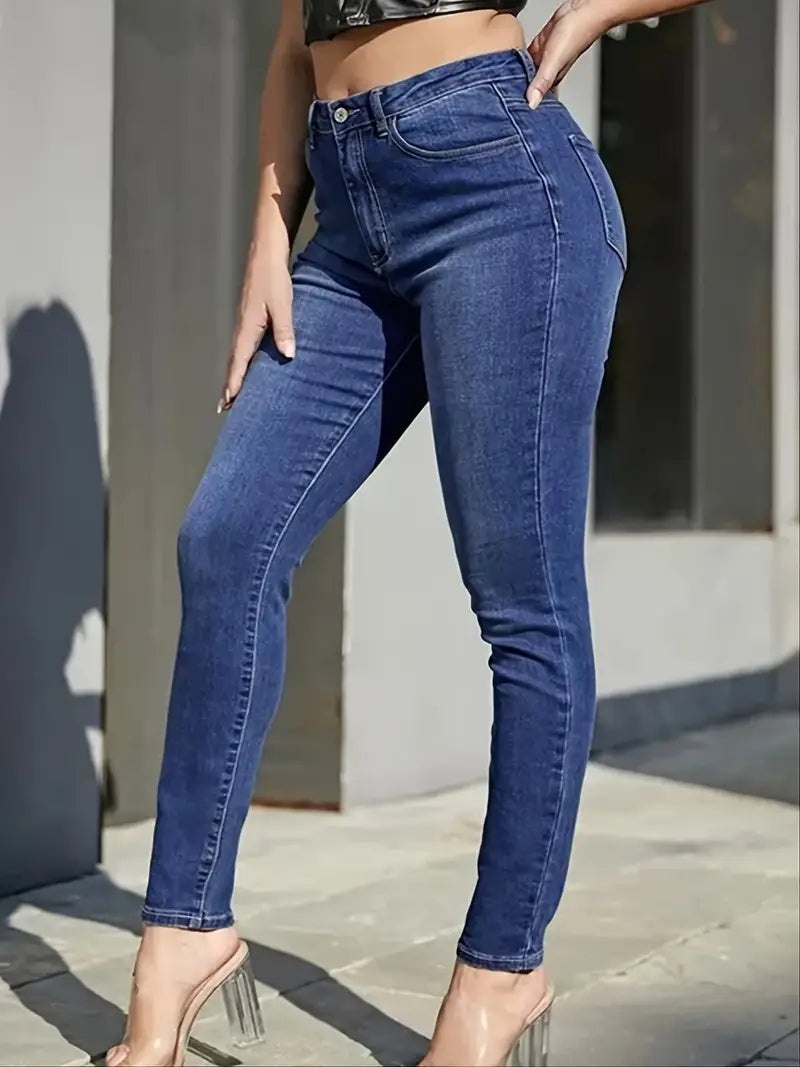 Washed Blue High Rise Stretch Skinny Denim Pants