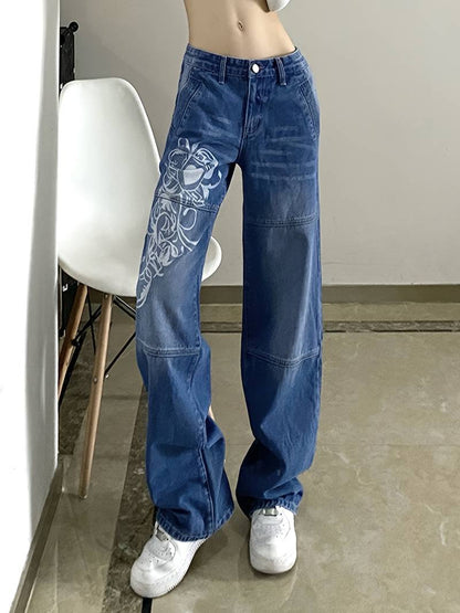 White Floral Print High Waist Baggy Fit Jeans for Women