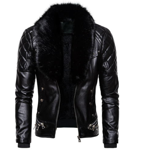 Stylish Solid Color Men's Leather Jacket with Fur Collar