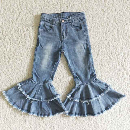 Double Ruffle Leopard Kids Denim Outfit Bulk