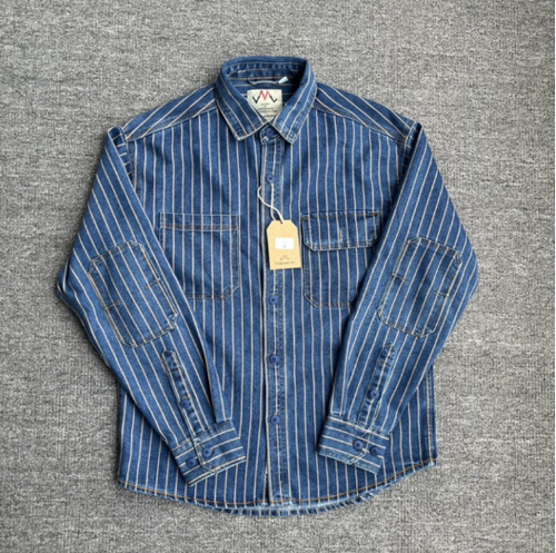 Men's Retro Denim Striped Cargo Shirt - 100% Cotton