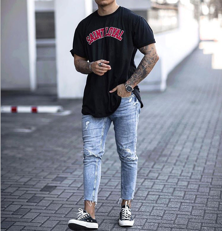 Men's Ripped Slim Fit Cropped Jeans