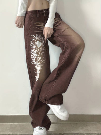 White Floral Print High Waist Baggy Fit Jeans for Women