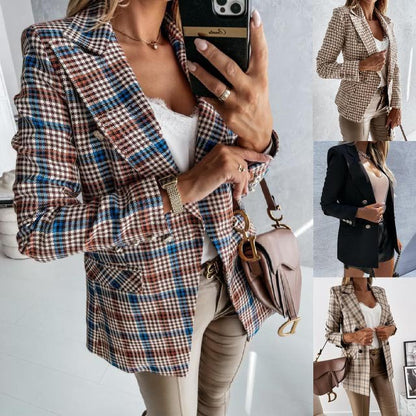 Plaid Jacket with Lapel and Long Sleeve Buttons