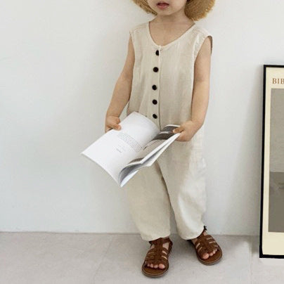 Korean Style Boys' Summer Cute Button Jumpsuit Pants