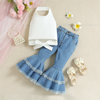 Double Ruffle Leopard Kids Denim Outfit Bulk